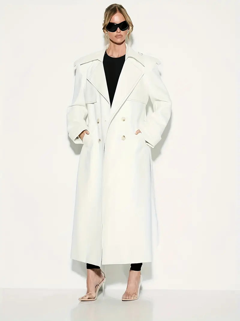 1pc Women'S Elegant Minimalist Double-Breasted Trench Coat - Long Sleeve, Solid Color, Belted Waist, Pockets, Non-Stretch Fabric, Perfect for Fall & Winter, Autumn Winter Outerwear | Belted Waist Coat | Structured Design