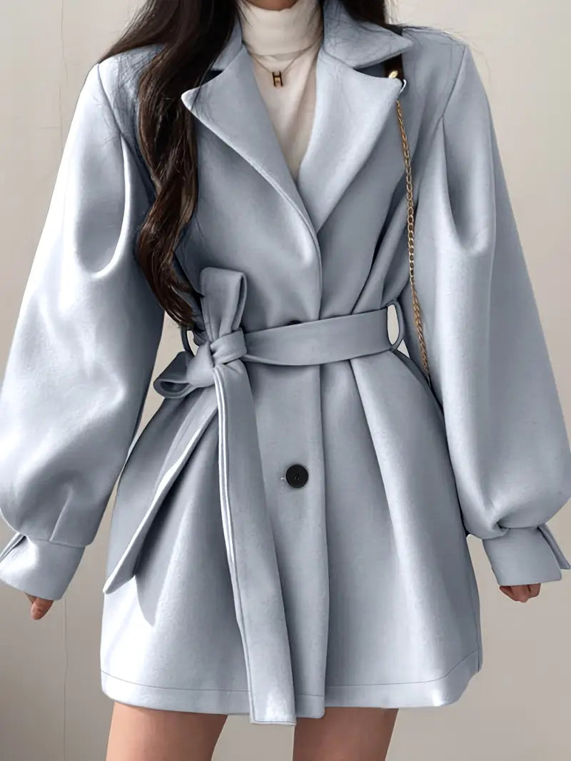 Women's Elegant Lapel Collar Belted Mid-Length Tweed Coat - Light Blue Winter Jacket with Lapel Collar & Tie Belt, Structured Fit for Fall/Winter, Machine Washable Office to Semi-Formal Outerwear