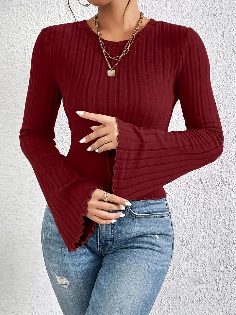 1pc Elegant Polyester Knit Top for Women - Solid Color Crew Neck Long Sleeve Blouse with Trumpet Sleeves, Regular Length, Fall/Winter Fashion