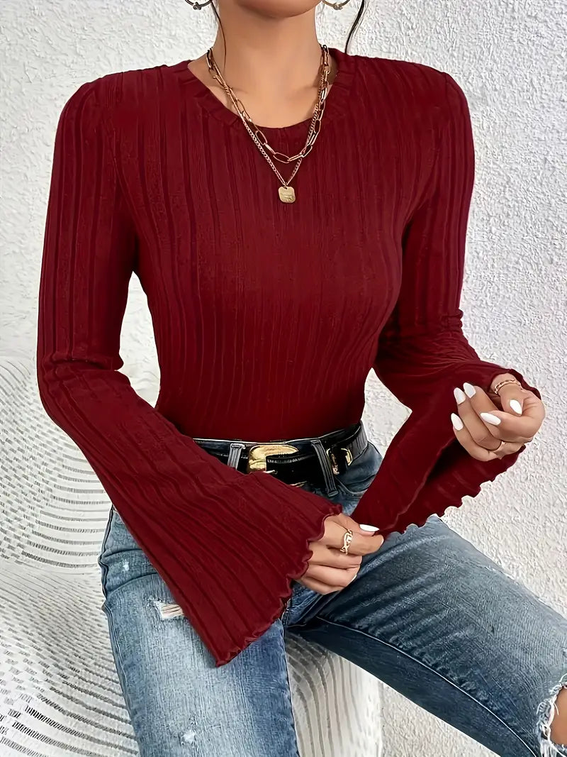 1pc Elegant Polyester Knit Top for Women - Solid Color Crew Neck Long Sleeve Blouse with Trumpet Sleeves, Regular Length, Fall/Winter Fashion