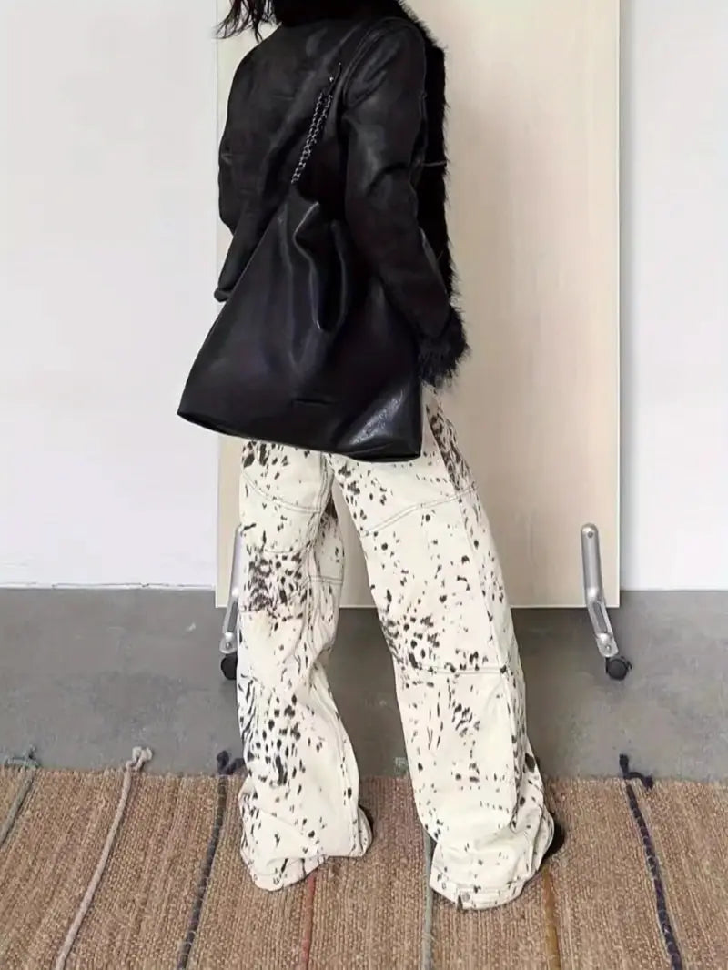 American hot leopard print jeans Women's 2025 summer retro design contrast waist patchwork floor-length pants