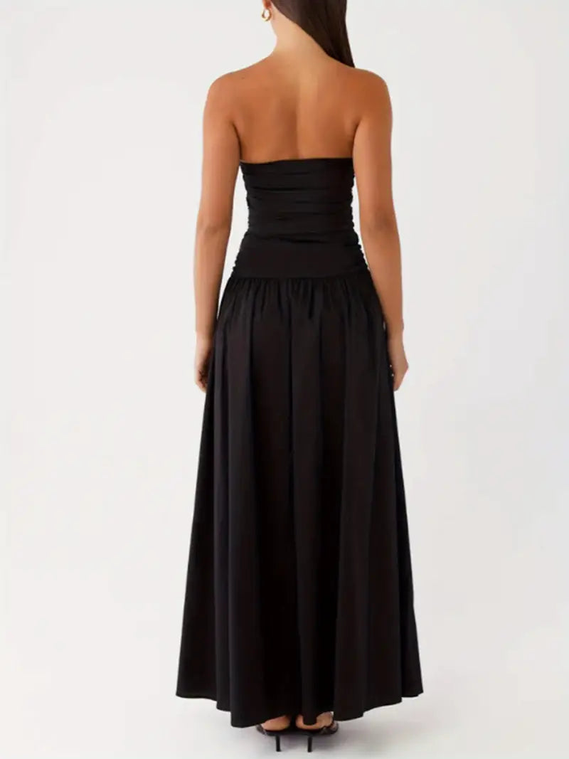 Elegant Off-Shoulder Strapless Long Dress for Women - Ruched Boat Neck, Sleeveless, Flowy A-Line Silhouette, Black & White Vertical Stripes, Perfect for Summer, Elegant Event Wear | Offshoulder Fashion | Ruched Design, Cute Dresses