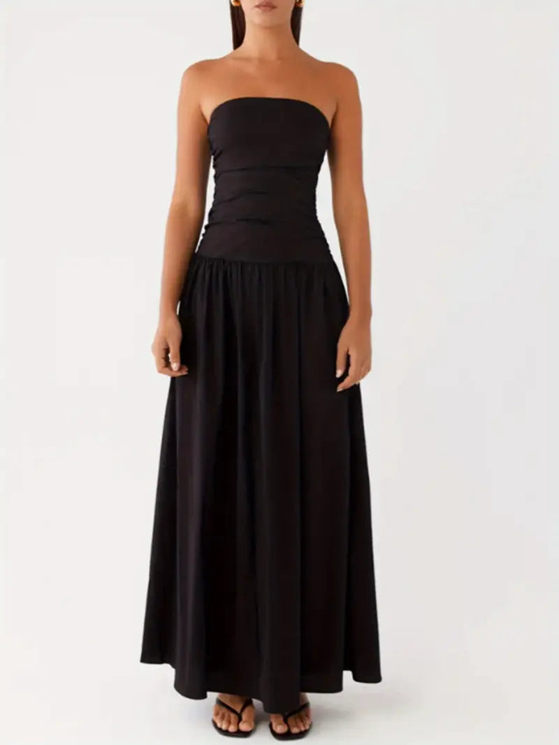 Elegant Off-Shoulder Strapless Long Dress for Women - Ruched Boat Neck, Sleeveless, Flowy A-Line Silhouette, Black & White Vertical Stripes, Perfect for Summer, Elegant Event Wear | Offshoulder Fashion | Ruched Design, Cute Dresses