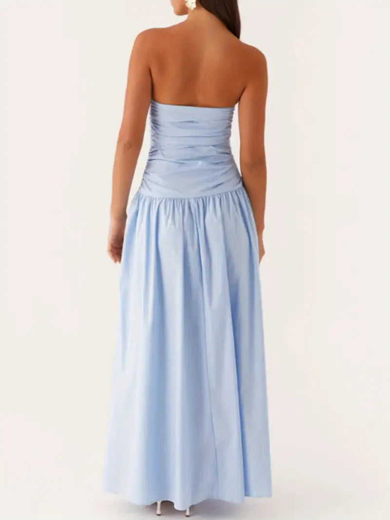 Elegant Off-Shoulder Strapless Long Dress for Women - Ruched Boat Neck, Sleeveless, Flowy A-Line Silhouette, Black & White Vertical Stripes, Perfect for Summer, Elegant Event Wear | Offshoulder Fashion | Ruched Design, Cute Dresses