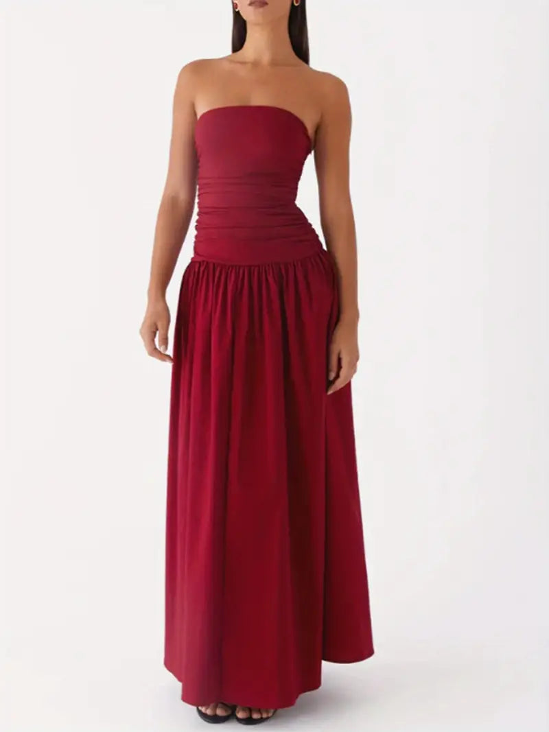Elegant Off-Shoulder Strapless Long Dress for Women - Ruched Boat Neck, Sleeveless, Flowy A-Line Silhouette, Black & White Vertical Stripes, Perfect for Summer, Elegant Event Wear | Offshoulder Fashion | Ruched Design, Cute Dresses