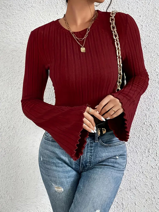 1pc Elegant Polyester Knit Top for Women - Solid Color Crew Neck Long Sleeve Blouse with Trumpet Sleeves, Regular Length, Fall/Winter Fashion