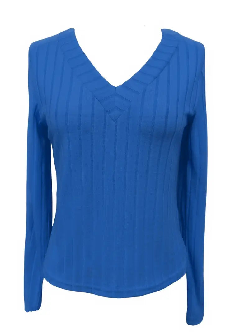 Women'S Chic Ribbed V-Neck Slim Fit Top - Elegant Long Sleeve, Solid Black, Perfect for Fall/Winter Fashion, Stylish Layering Piece