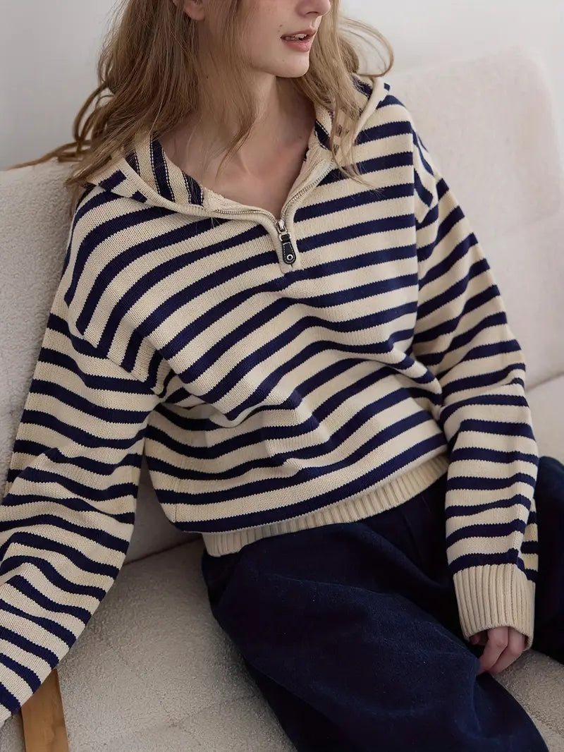Women'S Hooded Sweater - Beige & Brown Horizontal Stripes, Relaxed Fit Pullover with Half-Zip Front, Cozy Fall/Winter Sweater for Everyday & Formal Outfits