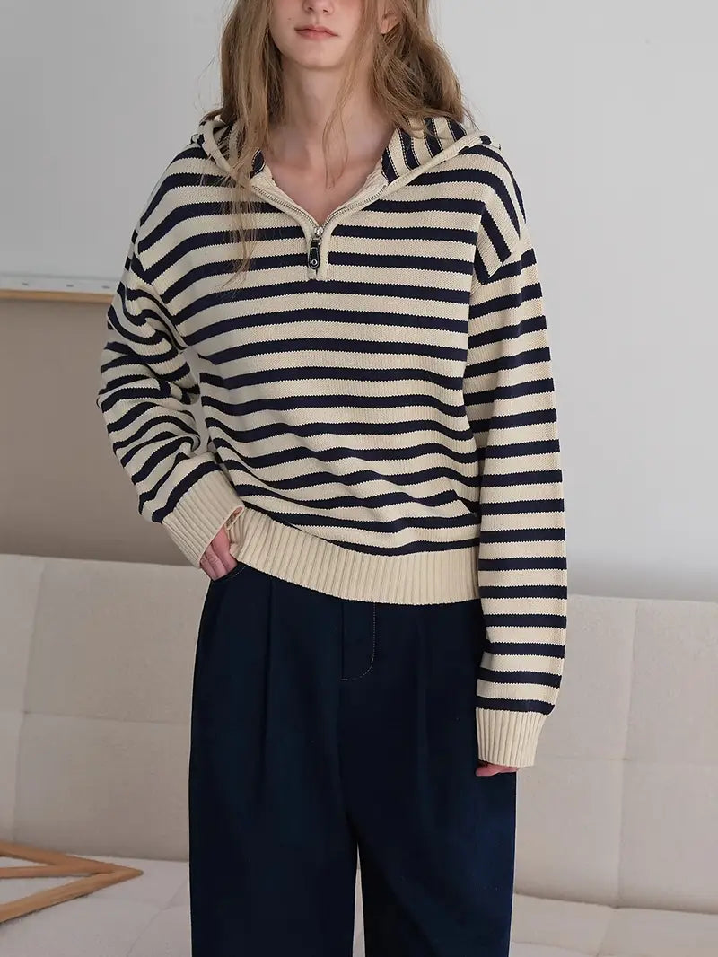 Women'S Hooded Sweater - Beige & Brown Horizontal Stripes, Relaxed Fit Pullover with Half-Zip Front, Cozy Fall/Winter Sweater for Everyday & Formal Outfits