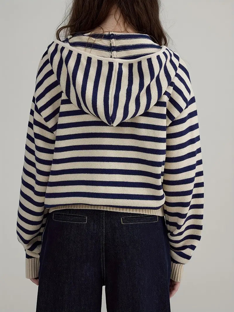 Women'S Hooded Sweater - Beige & Brown Horizontal Stripes, Relaxed Fit Pullover with Half-Zip Front, Cozy Fall/Winter Sweater for Everyday & Formal Outfits