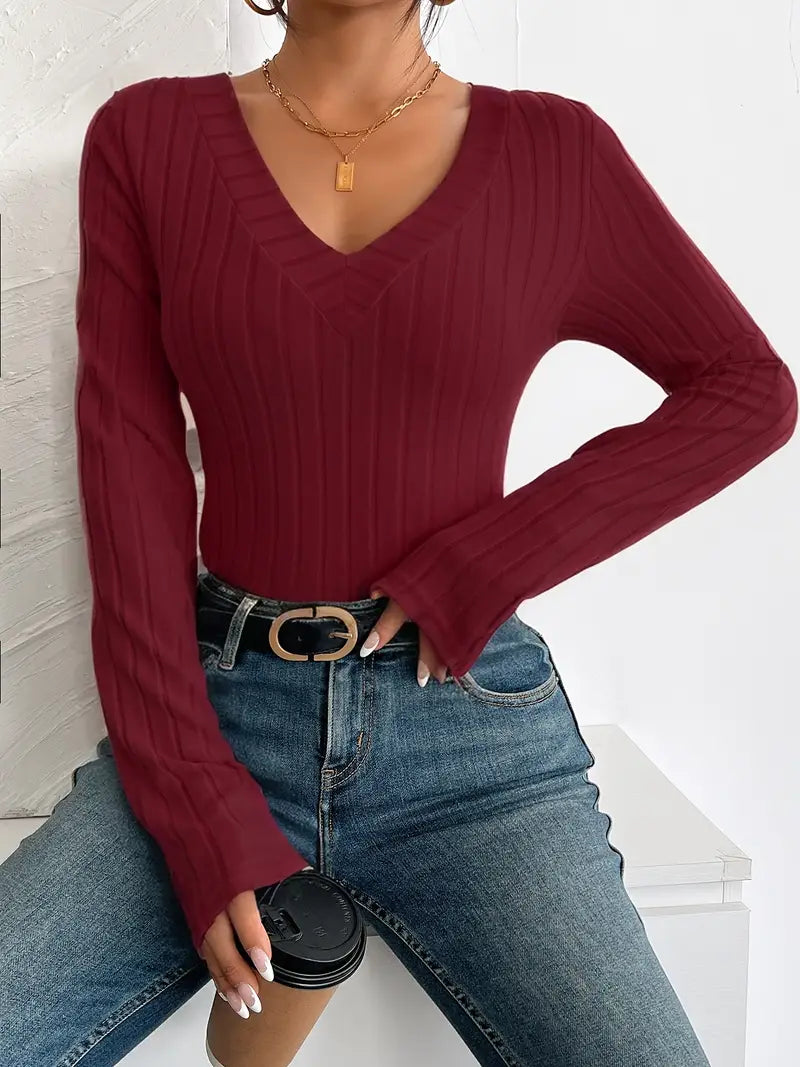 Women'S Chic Ribbed V-Neck Slim Fit Top - Elegant Long Sleeve, Solid Black, Perfect for Fall/Winter Fashion, Stylish Layering Piece