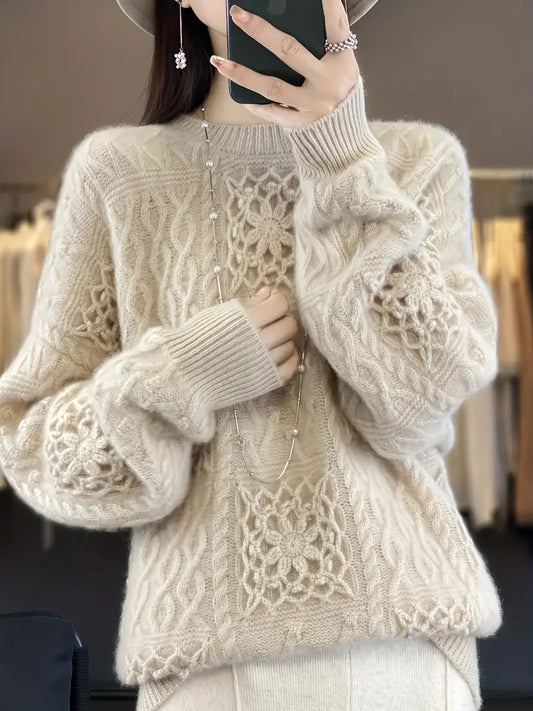 Heavyweight Hand-Hooked Sweater - Extra Warm Winter Sweater for Women & Men, Non-Stretchy Wool Top, Fall Winter Layering Essential in Neutral Beige