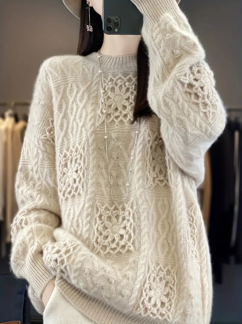 Heavyweight Hand-Hooked Sweater - Extra Warm Winter Sweater for Women & Men, Non-Stretchy Wool Top, Fall Winter Layering Essential in Neutral Beige