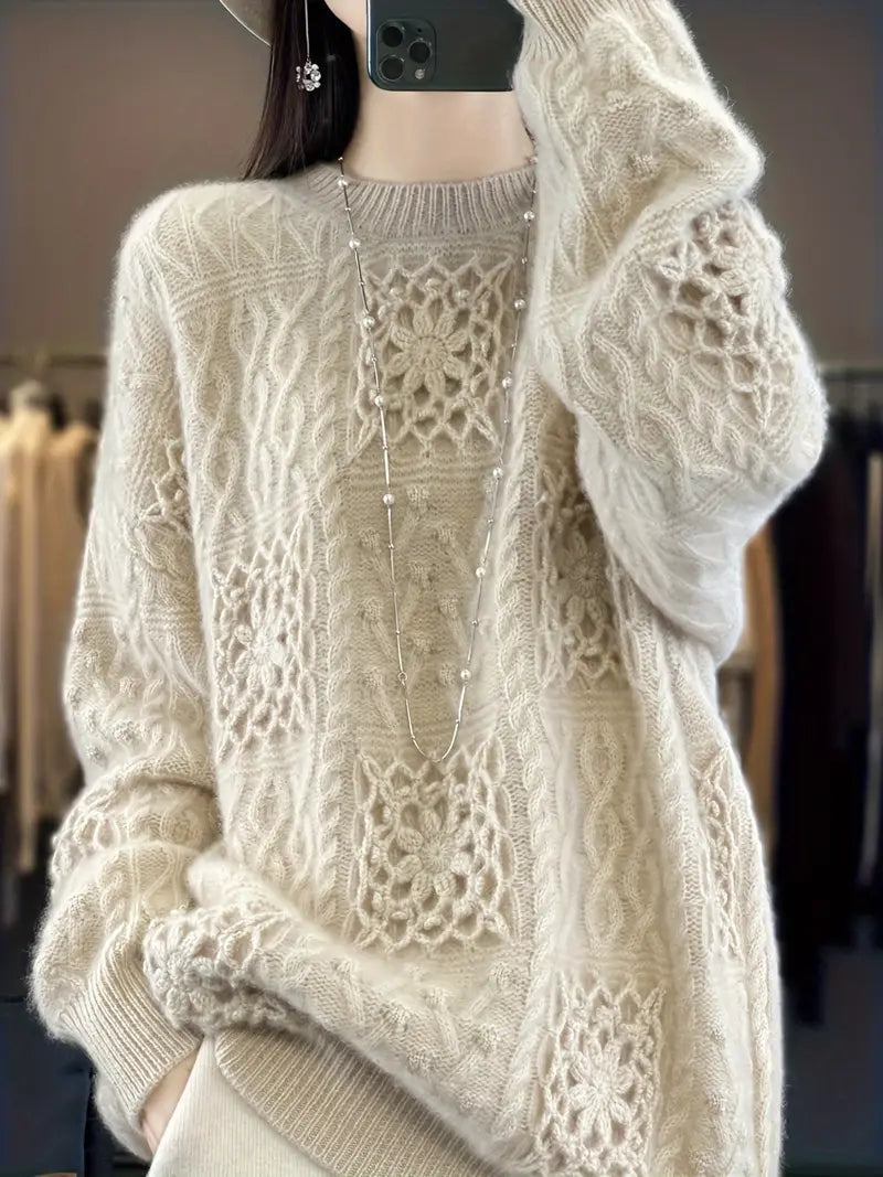 Heavyweight Hand-Hooked Sweater - Extra Warm Winter Sweater for Women & Men, Non-Stretchy Wool Top, Fall Winter Layering Essential in Neutral Beige