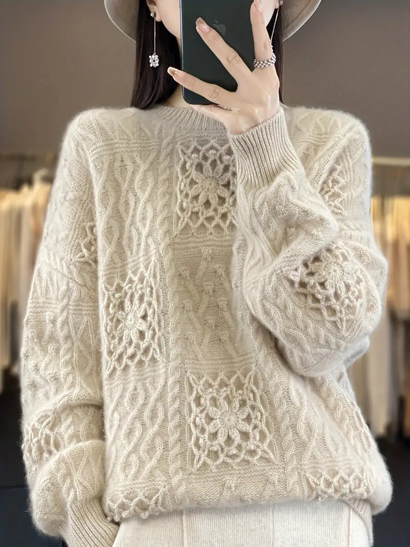 Heavyweight Hand-Hooked Sweater - Extra Warm Winter Sweater for Women & Men, Non-Stretchy Wool Top, Fall Winter Layering Essential in Neutral Beige