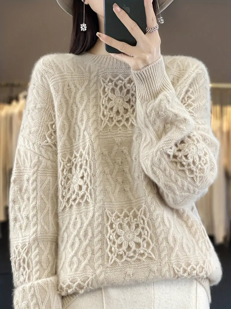 Heavyweight Hand-Hooked Sweater - Extra Warm Winter Sweater for Women & Men, Non-Stretchy Wool Top, Fall Winter Layering Essential in Neutral Beige