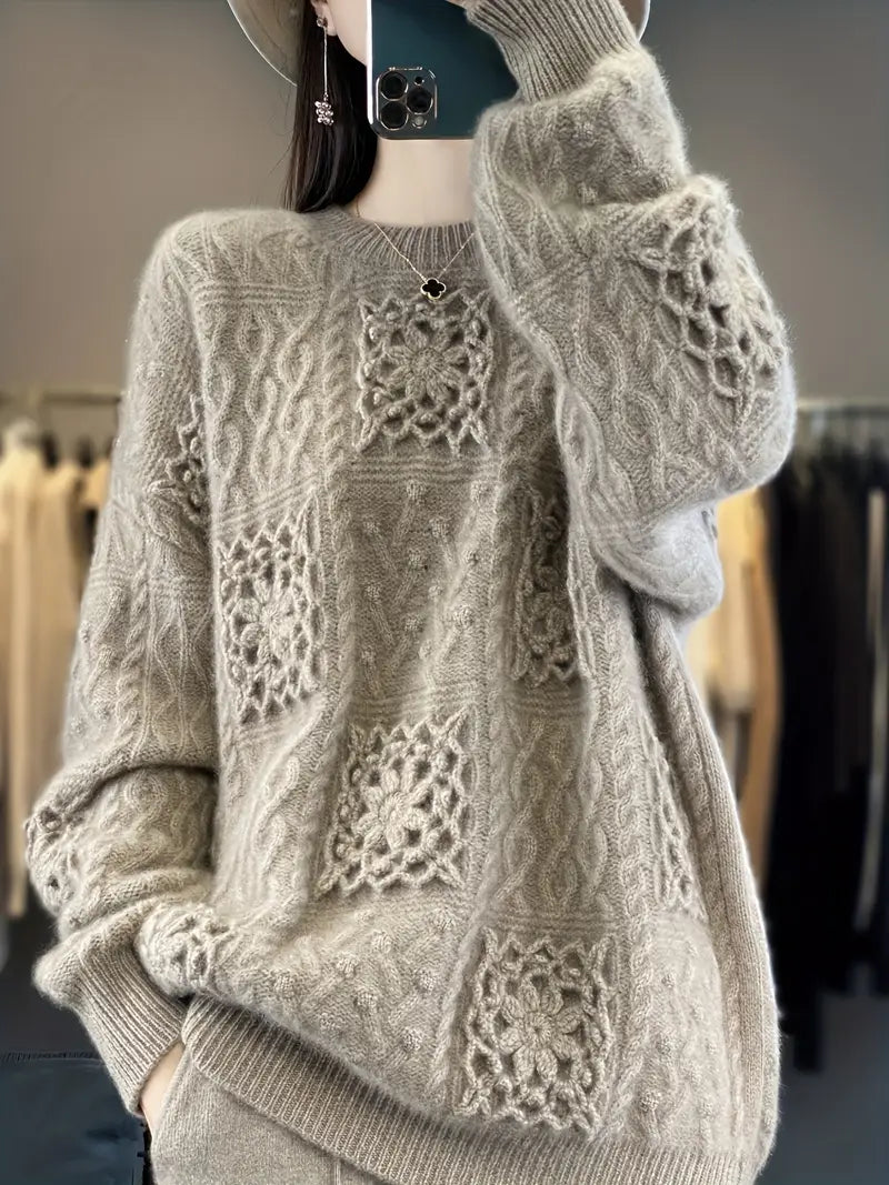 Heavyweight Hand-Hooked Sweater - Extra Warm Winter Sweater for Women & Men, Non-Stretchy Wool Top, Fall Winter Layering Essential in Neutral Beige