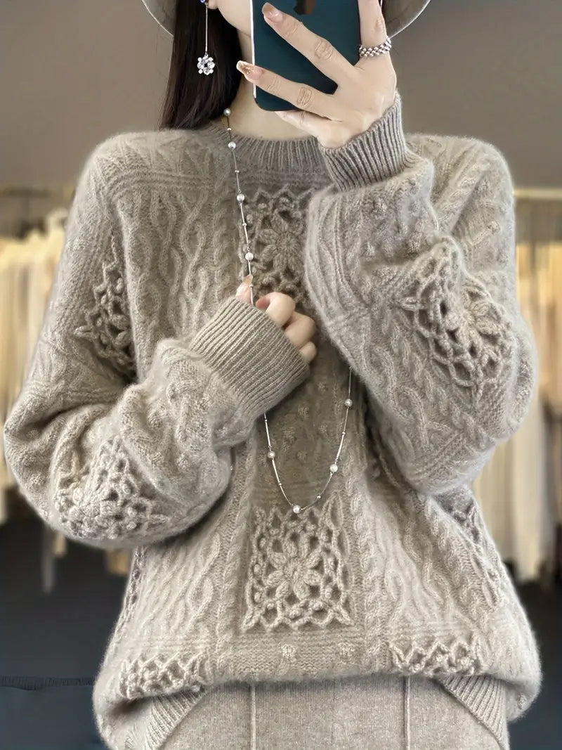 Heavyweight Hand-Hooked Sweater - Extra Warm Winter Sweater for Women & Men, Non-Stretchy Wool Top, Fall Winter Layering Essential in Neutral Beige