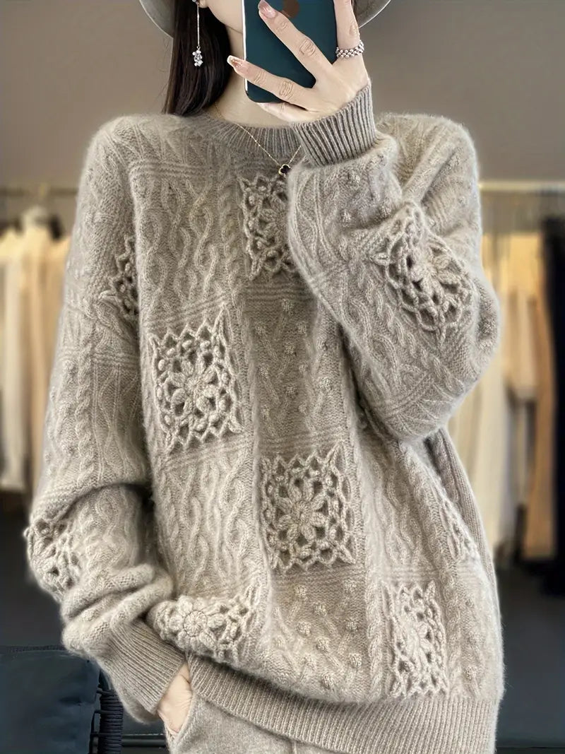 Heavyweight Hand-Hooked Sweater - Extra Warm Winter Sweater for Women & Men, Non-Stretchy Wool Top, Fall Winter Layering Essential in Neutral Beige