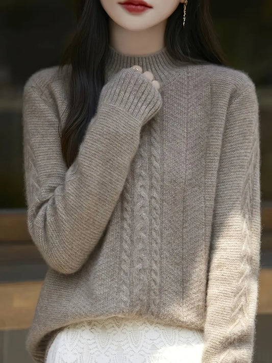 Women's 100% Wool Sweater - Thickened Winter Pullover with Ribbed Detailing, Elegant Half-Turtleneck & H-Silhouette