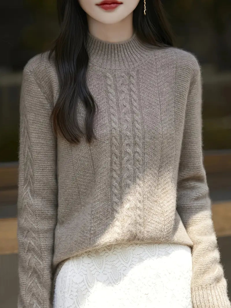 Women's 100% Wool Sweater - Thickened Winter Pullover with Ribbed Detailing, Elegant Half-Turtleneck & H-Silhouette