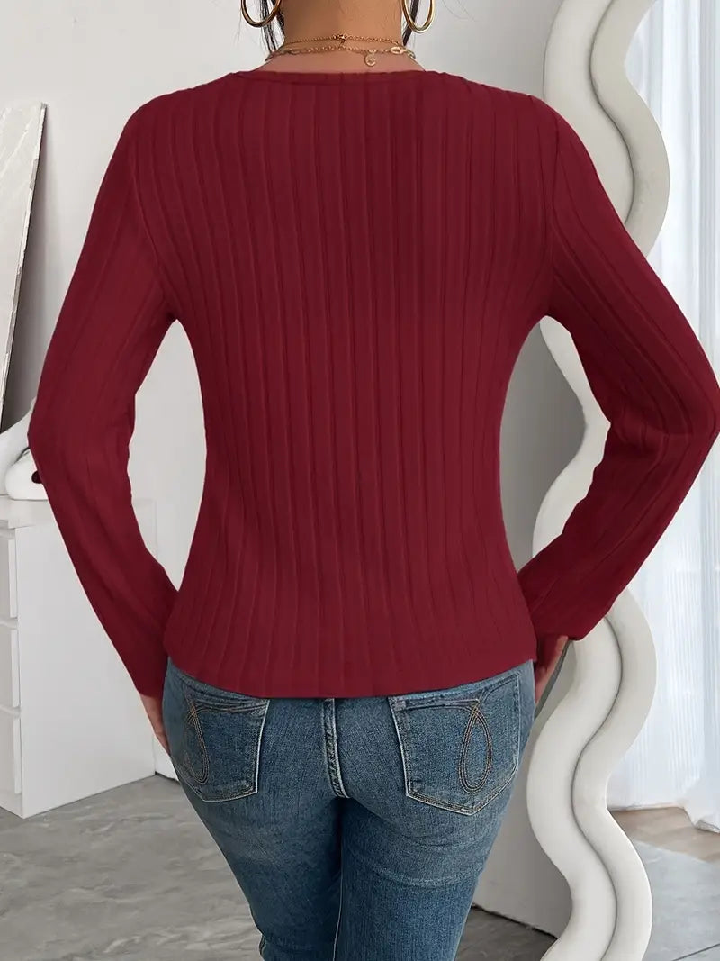 Women'S Chic Ribbed V-Neck Slim Fit Top - Elegant Long Sleeve, Solid Black, Perfect for Fall/Winter Fashion, Stylish Layering Piece