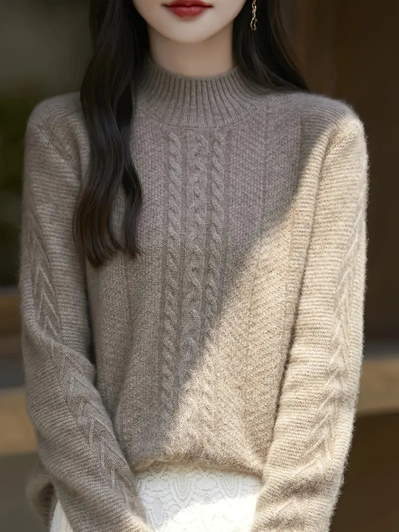 Women's 100% Wool Sweater - Thickened Winter Pullover with Ribbed Detailing, Elegant Half-Turtleneck & H-Silhouette