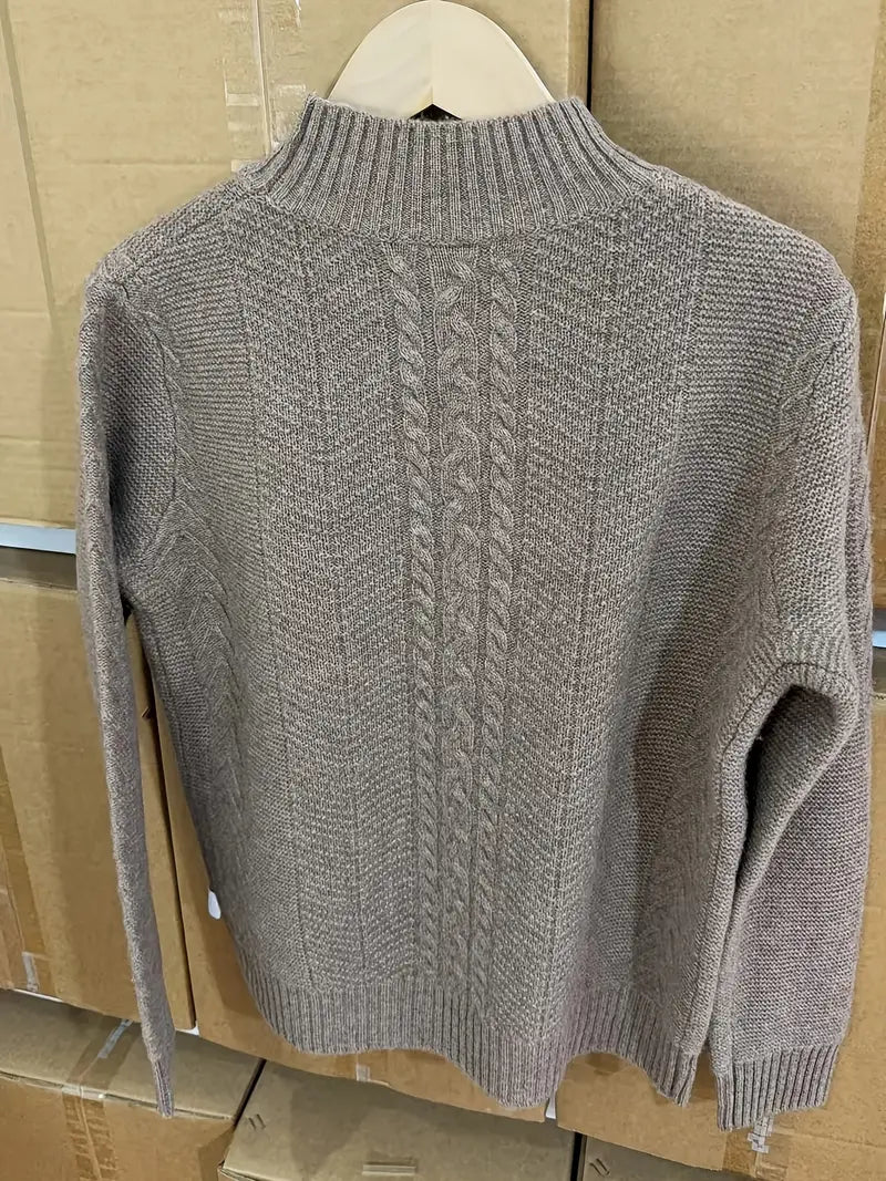 Women's 100% Wool Sweater - Thickened Winter Pullover with Ribbed Detailing, Elegant Half-Turtleneck & H-Silhouette