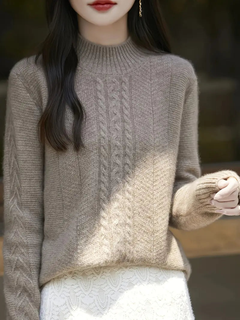 Women's 100% Wool Sweater - Thickened Winter Pullover with Ribbed Detailing, Elegant Half-Turtleneck & H-Silhouette