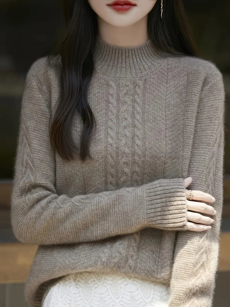 Women's 100% Wool Sweater - Thickened Winter Pullover with Ribbed Detailing, Elegant Half-Turtleneck & H-Silhouette