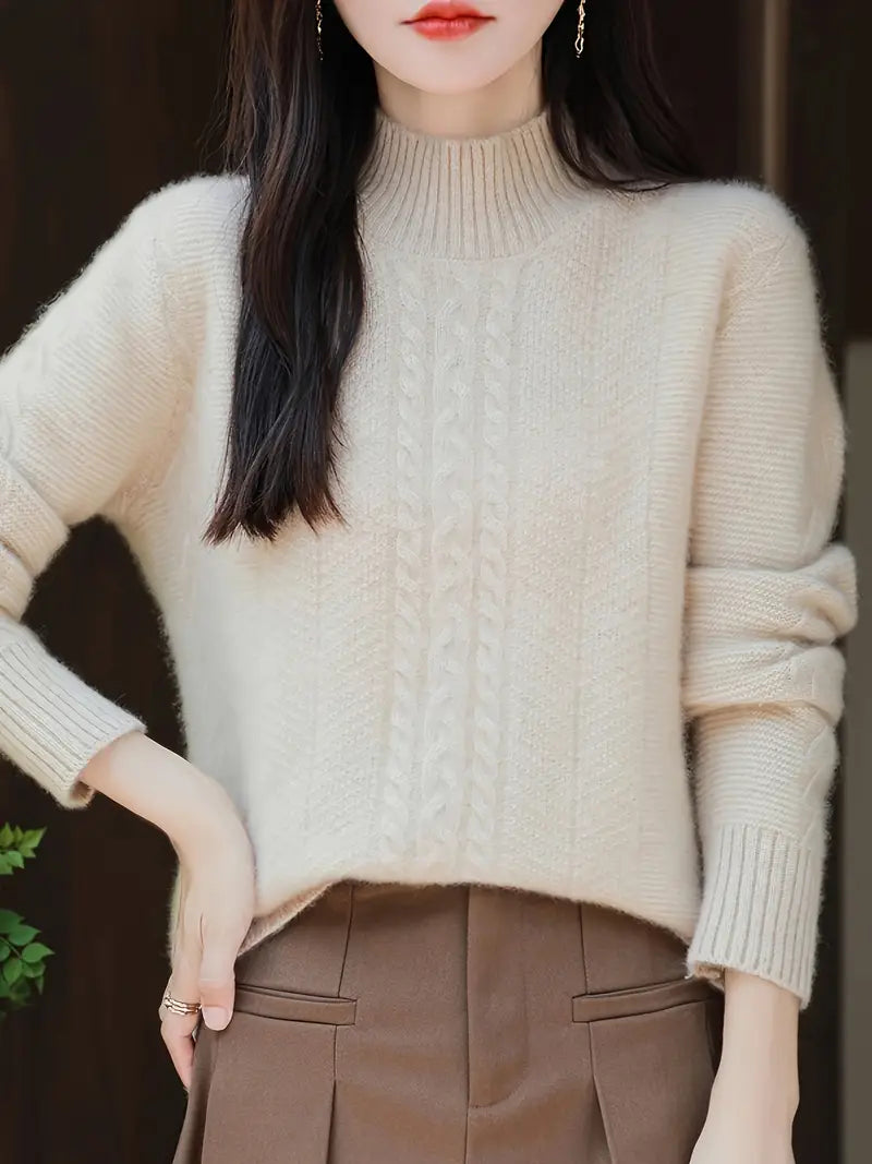 Women's 100% Wool Sweater - Thickened Winter Pullover with Ribbed Detailing, Elegant Half-Turtleneck & H-Silhouette