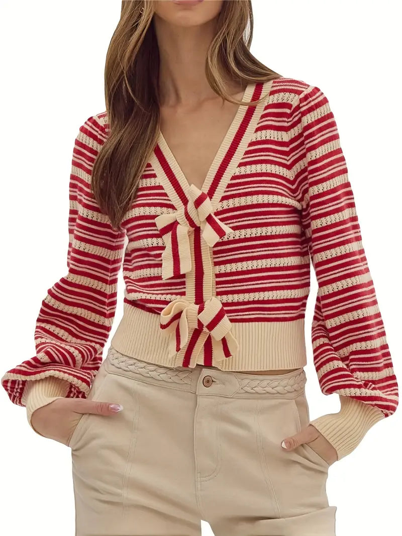 Women's Bow Front Cardigan Long Sleeve V Neck Stripes Print Button Sweater Outwear
