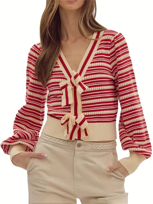 Women's Bow Front Cardigan Long Sleeve V Neck Stripes Print Button Sweater Outwear