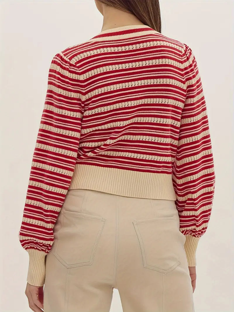 Women's Bow Front Cardigan Long Sleeve V Neck Stripes Print Button Sweater Outwear