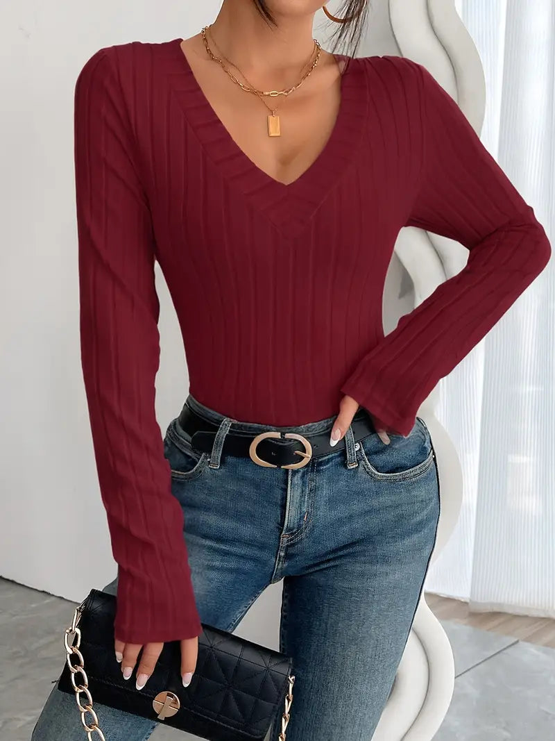 Women'S Chic Ribbed V-Neck Slim Fit Top - Elegant Long Sleeve, Solid Black, Perfect for Fall/Winter Fashion, Stylish Layering Piece