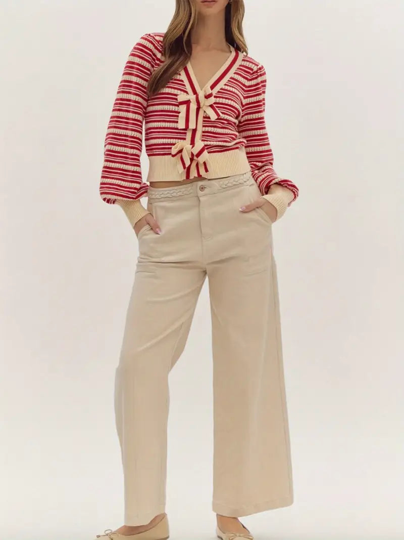 Women's Bow Front Cardigan Long Sleeve V Neck Stripes Print Button Sweater Outwear