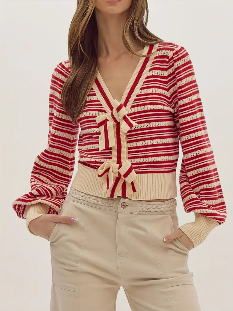 Women's Bow Front Cardigan Long Sleeve V Neck Stripes Print Button Sweater Outwear