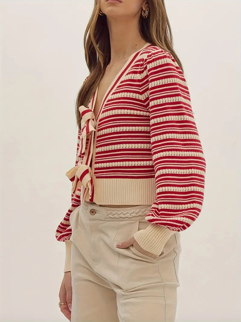 Women's Bow Front Cardigan Long Sleeve V Neck Stripes Print Button Sweater Outwear