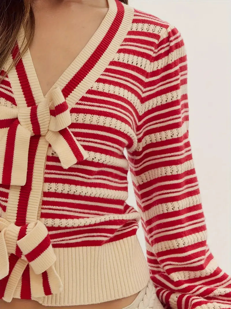 Women's Bow Front Cardigan Long Sleeve V Neck Stripes Print Button Sweater Outwear