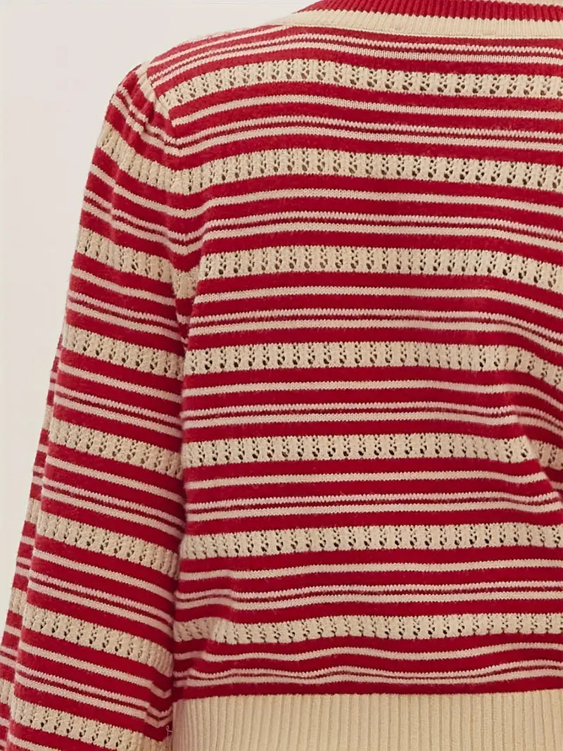 Women's Bow Front Cardigan Long Sleeve V Neck Stripes Print Button Sweater Outwear