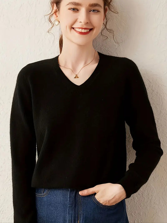 Women's 100% Cashmere V-Neck Sweater - High Elasticity Long Sleeve Pullover with Ribbed Detailing, Solid Black Machine Washable Fall Winter Knitwear, Sweater, Elegant Knitwear, Casual Chic Top, Vneck Design, Elegant Fabric