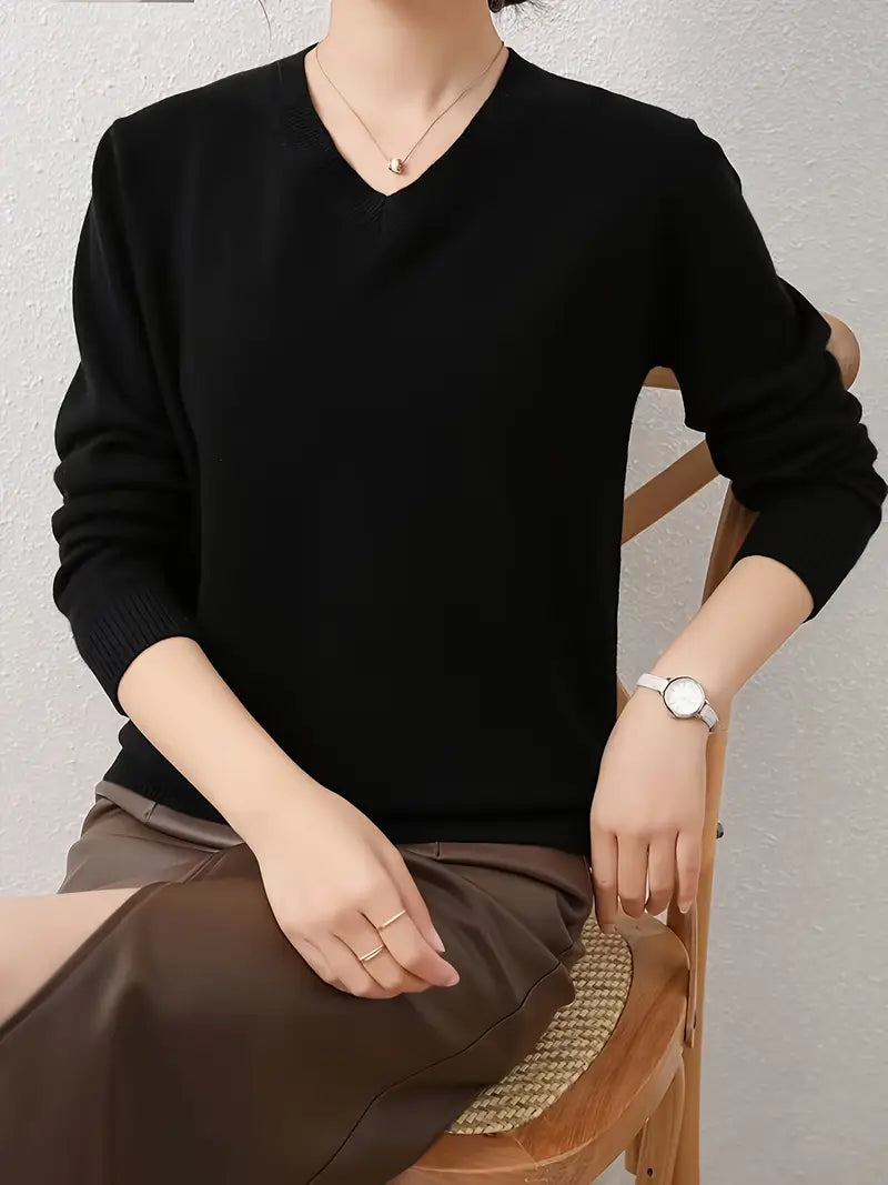 Women's 100% Cashmere V-Neck Sweater - High Elasticity Long Sleeve Pullover with Ribbed Detailing, Solid Black Machine Washable Fall Winter Knitwear, Sweater, Elegant Knitwear, Casual Chic Top, Vneck Design, Elegant Fabric