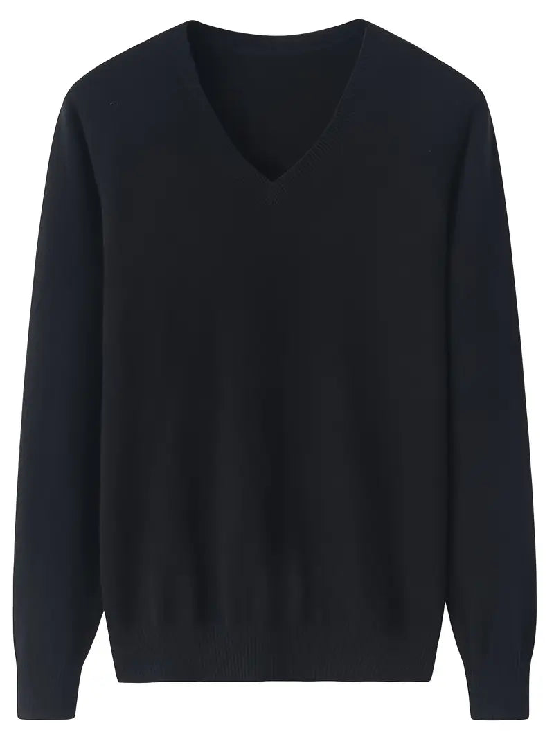 Women's 100% Cashmere V-Neck Sweater - High Elasticity Long Sleeve Pullover with Ribbed Detailing, Solid Black Machine Washable Fall Winter Knitwear, Sweater, Elegant Knitwear, Casual Chic Top, Vneck Design, Elegant Fabric