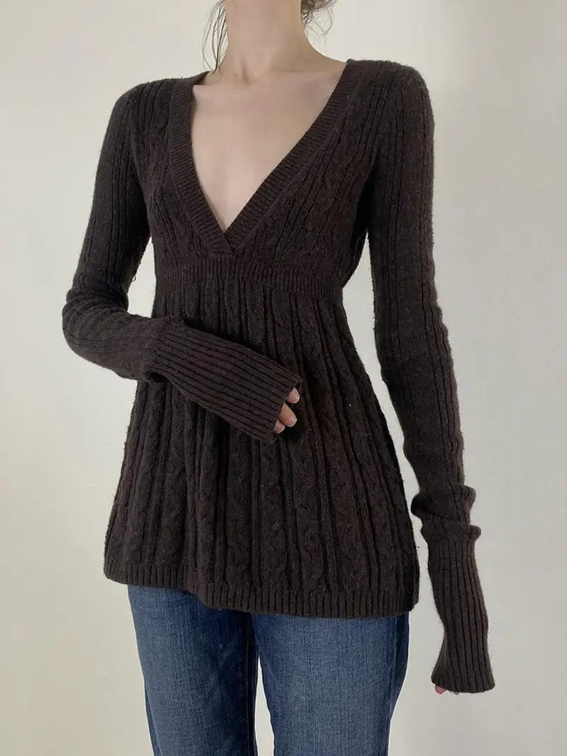 Women'S Cable Sweater - Soft Warm V-Neck Long Sleeve A-Line Pullover, Rich Red Solid Color Winter Fall Sweater for Casual & Semi-Formal Outfits, Cozy Sweater for Women