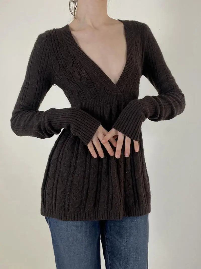Women'S Cable Sweater - Soft Warm V-Neck Long Sleeve A-Line Pullover, Rich Red Solid Color Winter Fall Sweater for Casual & Semi-Formal Outfits, Cozy Sweater for Women