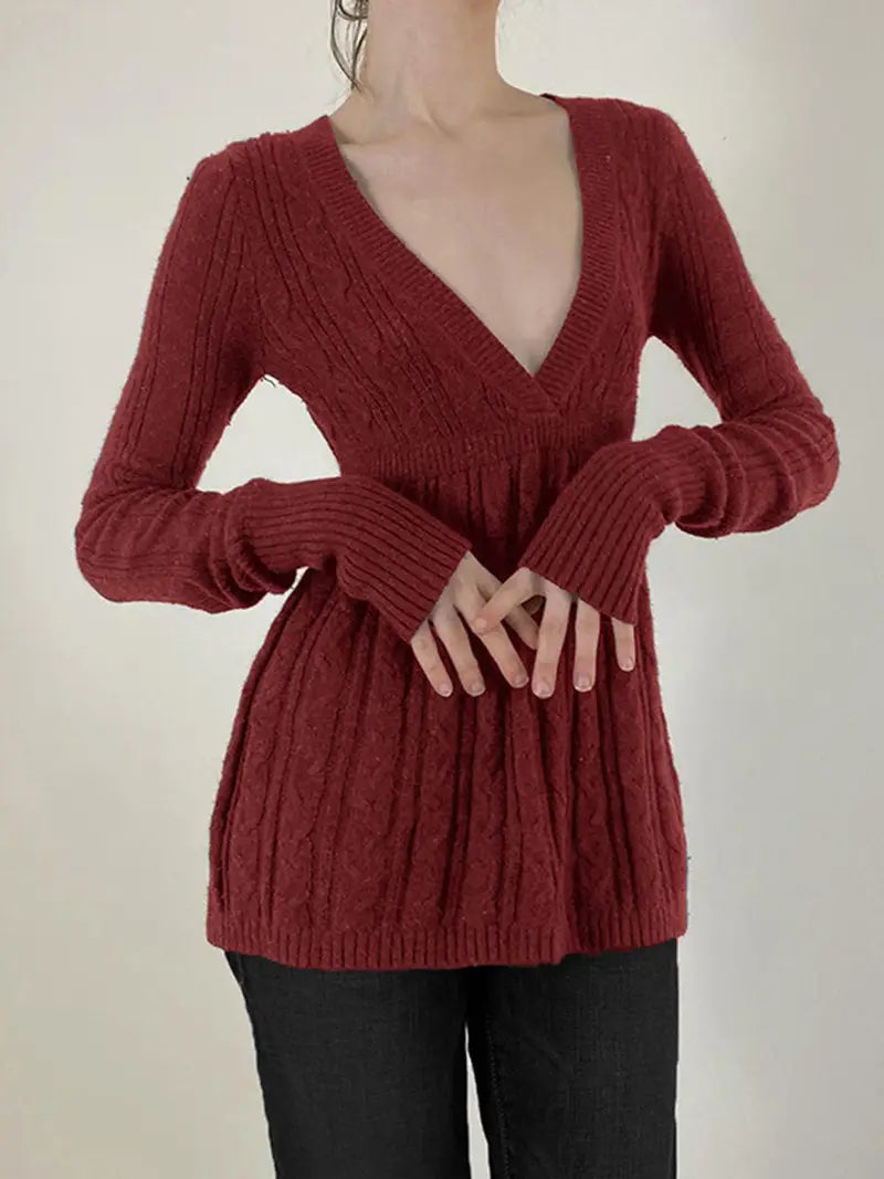 Women'S Cable Sweater - Soft Warm V-Neck Long Sleeve A-Line Pullover, Rich Red Solid Color Winter Fall Sweater for Casual & Semi-Formal Outfits, Cozy Sweater for Women