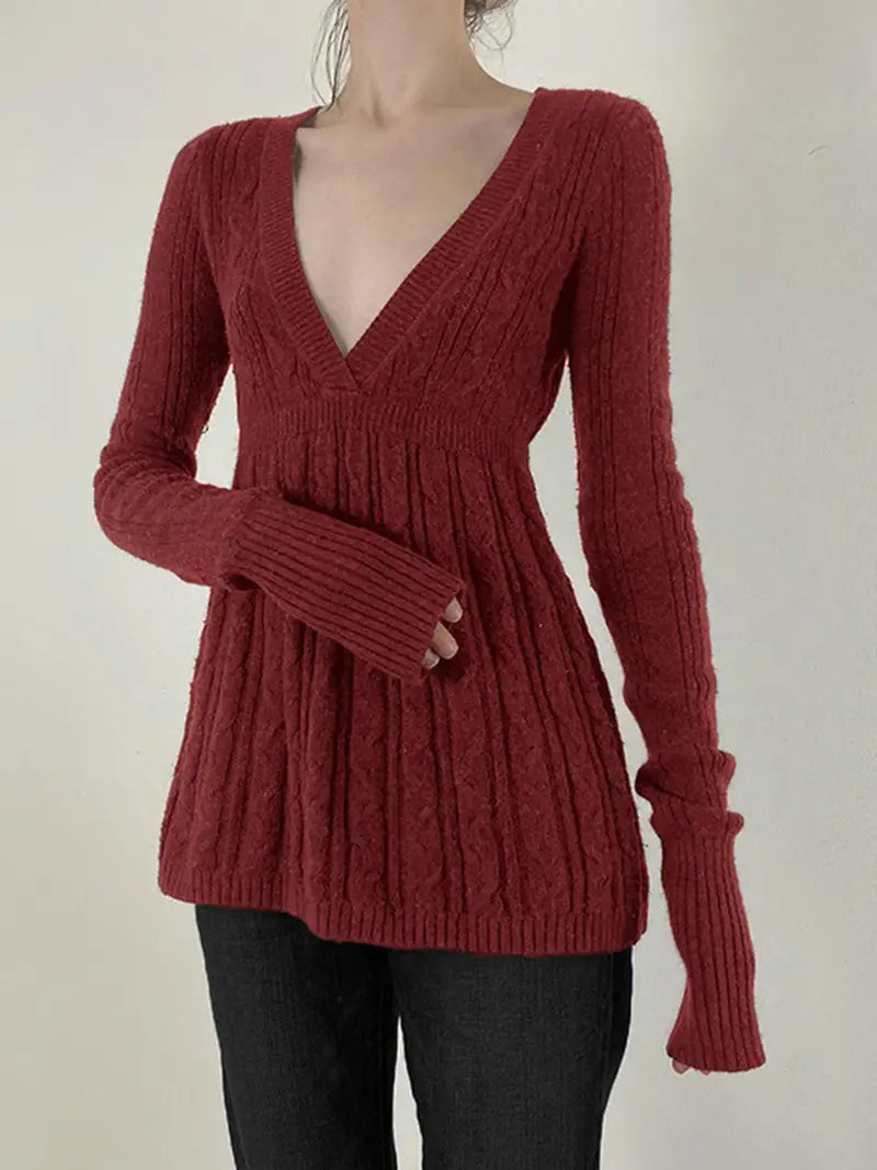 Women'S Cable Sweater - Soft Warm V-Neck Long Sleeve A-Line Pullover, Rich Red Solid Color Winter Fall Sweater for Casual & Semi-Formal Outfits, Cozy Sweater for Women