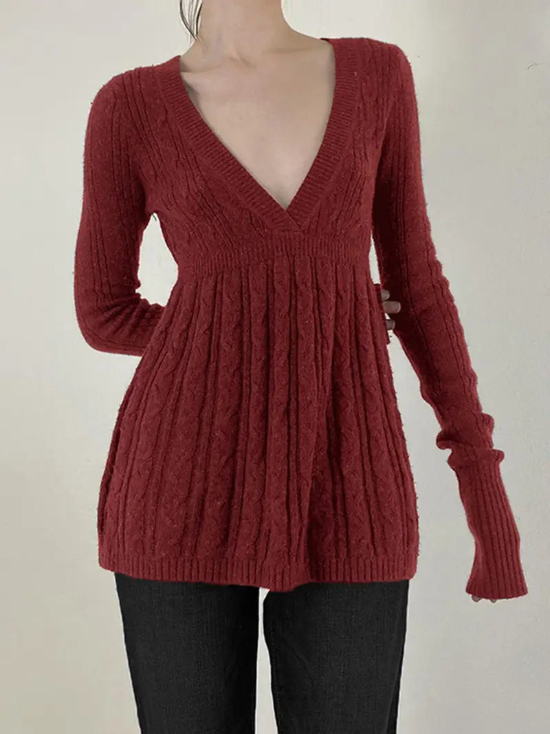 Women'S Cable Sweater - Soft Warm V-Neck Long Sleeve A-Line Pullover, Rich Red Solid Color Winter Fall Sweater for Casual & Semi-Formal Outfits, Cozy Sweater for Women