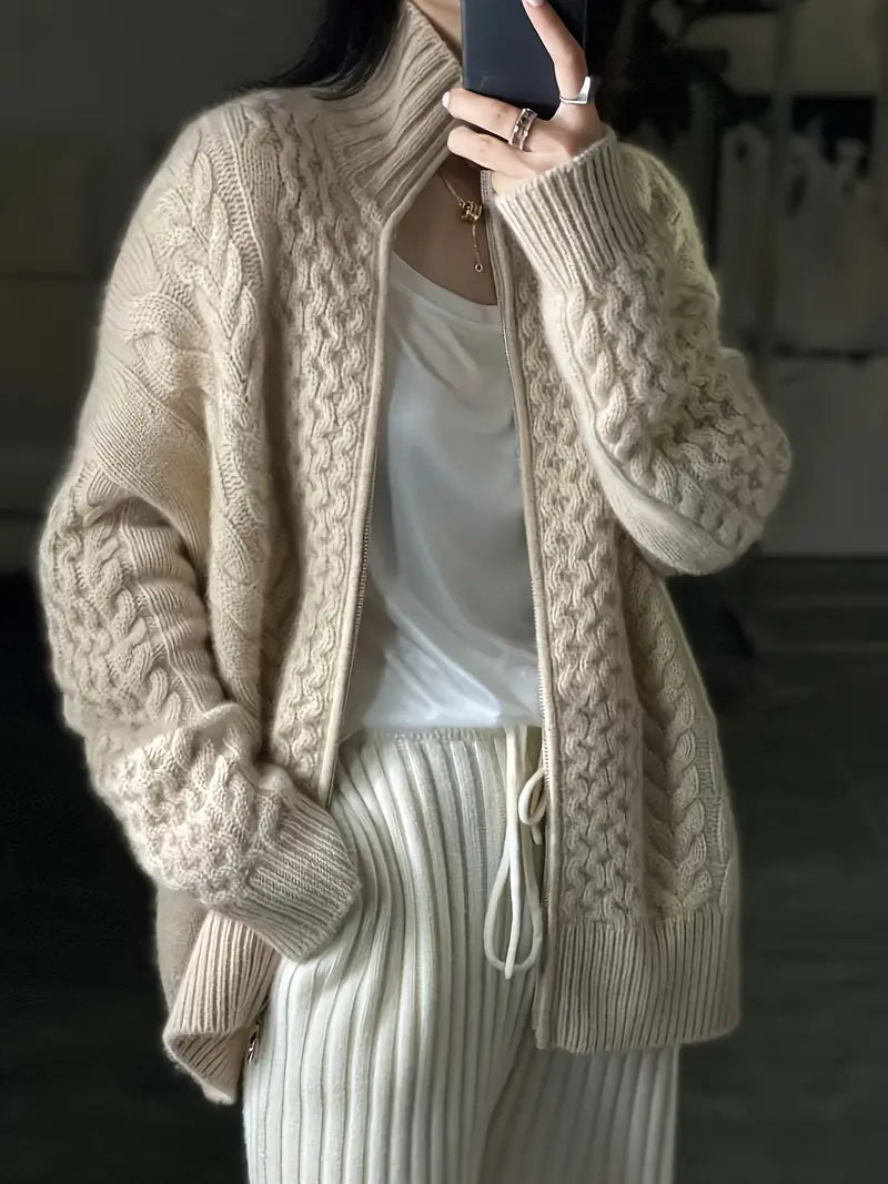 Solid Color Zip-up Aran Cardigan, Casual Long Sleeve Drop Shoulder Cardigan For Fall & Winter, Women's Clothing