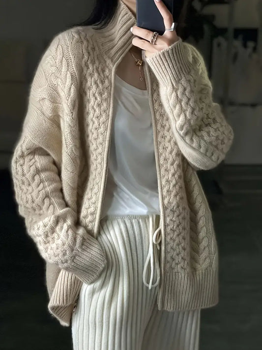 Solid Color Zip-up Aran Cardigan, Casual Long Sleeve Drop Shoulder Cardigan For Fall & Winter, Women's Clothing